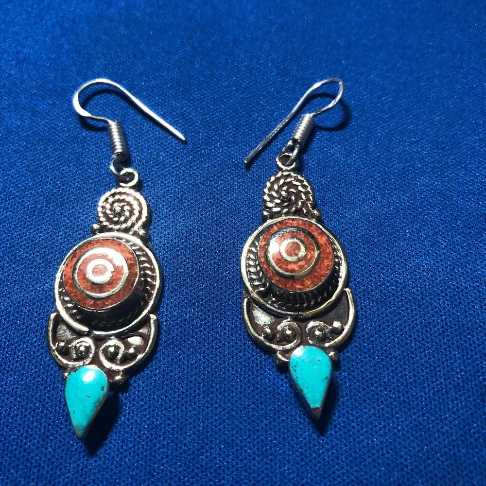 Handmade Red Coral Tibetan Turquoise 925 Silver Plated Tribal Earrings 2.5"